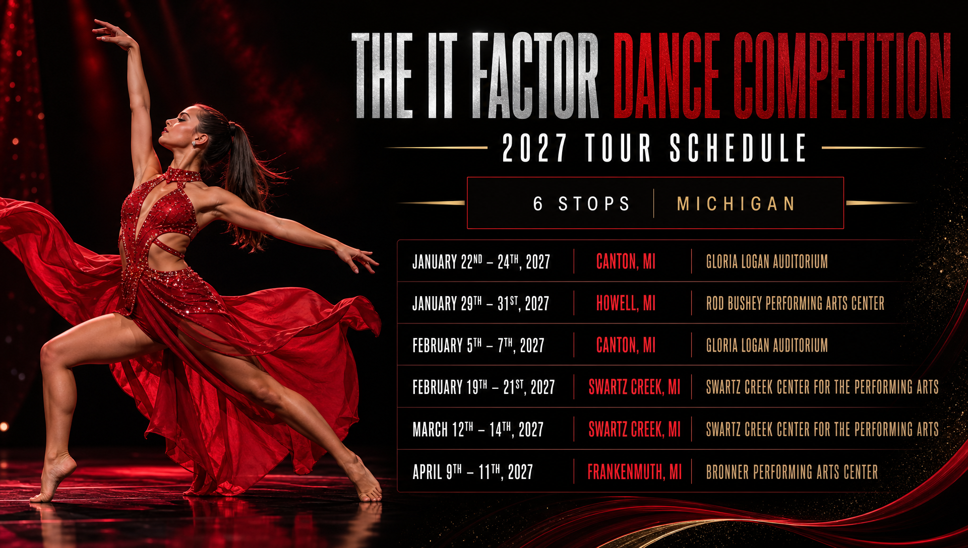 The It Factor Dance Competition 2027 Tour Schedule — six stops across Michigan